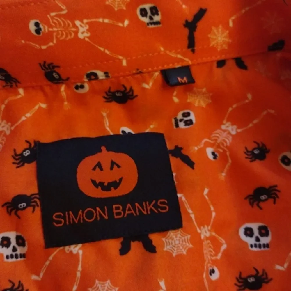 NWOT Simon Banks Halloween buttondown longsleeve shirt orange skeleton M